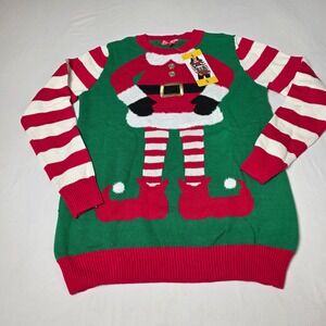 To Be Jolly Ugly Christmas Sweater Women S Green Mrs Elf Striped Holiday Knit